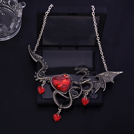 Halloween Themed Dragon with Heart Glass Pendant Necklace, Alloy Jewelry for Women