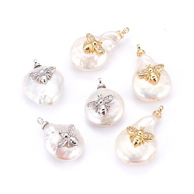 Natural Cultured Freshwater Pearl Pendants, with Brass Cubic Zirconia Cabochons, Long-Lasting Plated, Nuggets with Bees