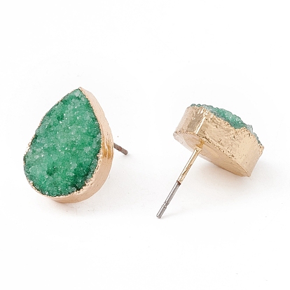 Natural Druzy Quartz Stud Earrings, with Brass Findings, Drop