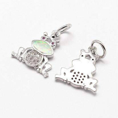 Brass Micro Pave Cubic Zirconia Pendant, with Synthetic Opal, Frog