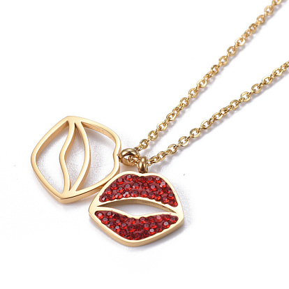 304 Stainless Steel Pendant Necklaces, with Polymer Clay Rhinestone, Lip