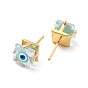 Glass Square with Enamel Evil Eye Stud Earrings, Real 18K Gold Plated Brass Jewelry for Women