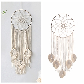 Woven Net/Web with Leaf Macrame Cotton Wall Hanging Decorations, with Iron Ring, for Garden, Wedding, Lighting Ornament
