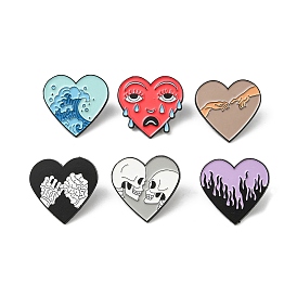 Heart with Wave/Fire/Skull Enamel Pin, Electrophoresis Black Alloy Brooch for Backpack Clothes