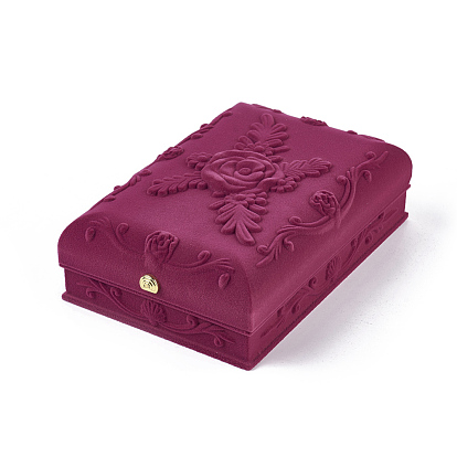 Boîtes à bijoux en velours motif fleur rose, Collier et boucles d'oreilles, avec du tissu et du plastique, rectangle