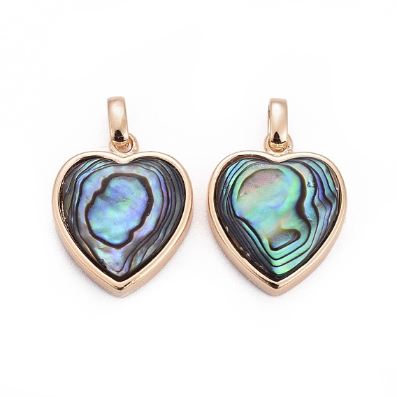 Natural Abalone Shell/Paua ShellCharms, with Brass Findings, Heart