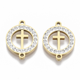 201 Stainless Steel Links Connectors, with Polymer Clay Crystal Rhinestone, for Religion, Flat Round with Cross