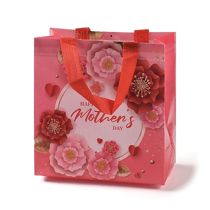 Bolsas de regalo plegables reutilizables no tejidas con estampado de flores con tema del día de la madre con asa, bolsa de compras portátil impermeable para envolver regalos, Rectángulo