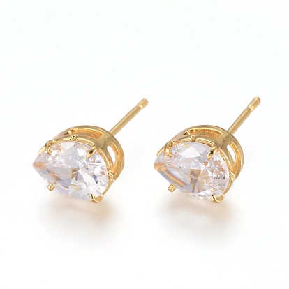 Brass Stud Earrings, with 316 Surgical Stainless Steel Pin and Clear Cubic Zirconia, Teardrop, Long-Lasting Plated