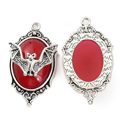 Halloween Alloy Oval Pendants, Bat Charms with Resin, Antique Silver