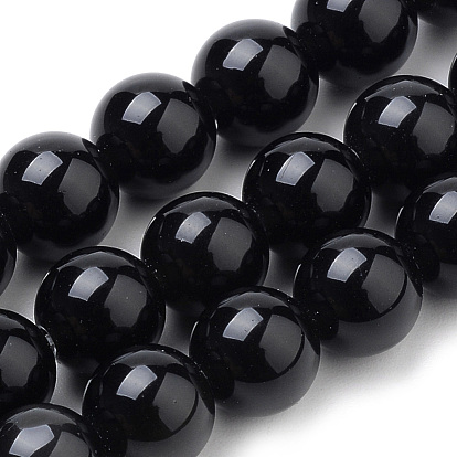 Brins de perles d'onyx noir naturel, teint, ronde