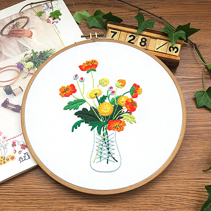 Flower Pattern DIY Embroidery Starter Kits, including Embroidery Fabric & Thread, Needle, Instruction Sheet