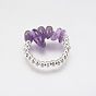 Natural Gemstone Chip Stretch Rings, with Brass Beads, Silver Color Plated