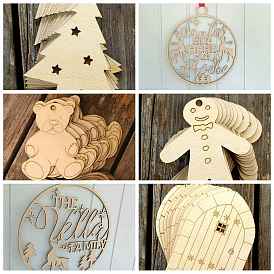 Gingerbread Man/Deer/Door/Christmas Tree Unfinished Wood Pendant Decorations, with Hemp Rope