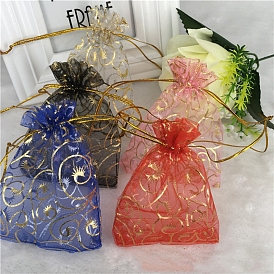 Gold Stamping Eyelash Print Organza Jewellery Storage Pouches, Wedding Favour Party Mesh Drawstring Gift Bags, Rectangle