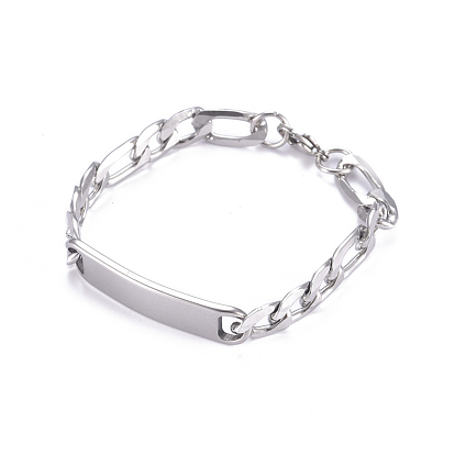 304 Stainless Steel Figaro Chain ID Bracelets, with Lobster Claw Clasps