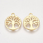 Brass Charms, Nickel Free, Real 18K Gold Plated, Flat Round with Tree