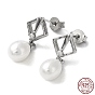 Cubic Zirconia Rhombus with Natural Pearl Dangle Stud Earrings, 925 Sterling Silver Earrings for Women