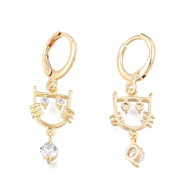 Boucles d'oreilles pendantes chat en zircone cubique transparente, bijoux en laiton pour femmes, sans cadmium et sans nickel et sans plomb