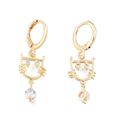 Clear Cubic Zirconia Cat Dangle Leverback Earrings, Brass Jewelry for Women, Cadmium Free & Nickel Free & Lead Free