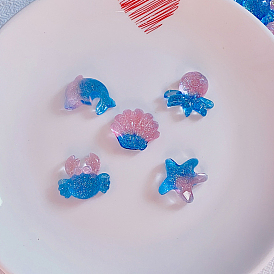 Ocean Theme Transparent Resin Cabochons, Two Tone Glitter Powder Cabochons, Pink & Blue, Shell/Dolphin/Starfish/Crab/Octopus Shape