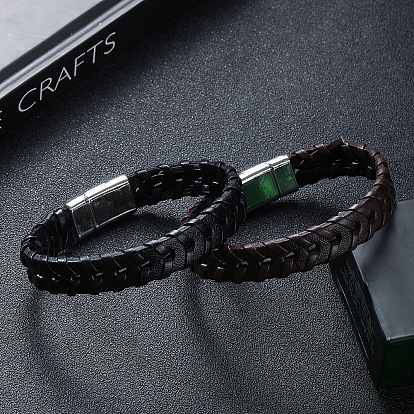 Leather Woven Flat Cord Bracelets, with Magnetic Clasp