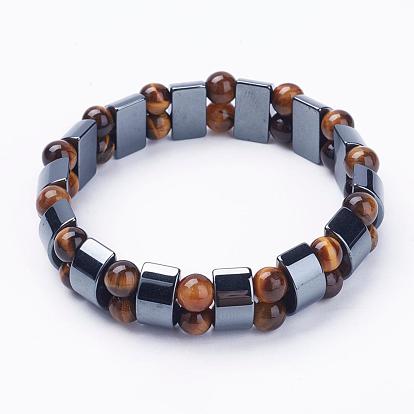 Non-Magnetic Synthetic Hematite Stretch Bracelets, with Gemstone Beads