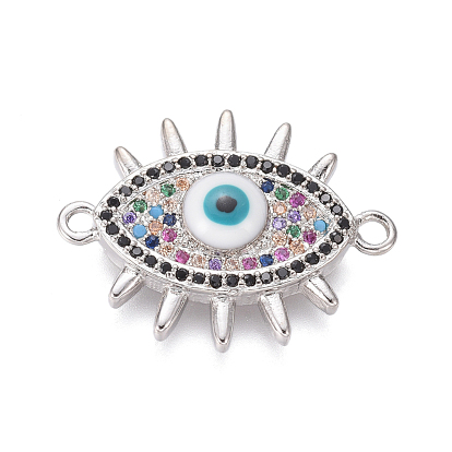 Brass Micro Pave Cubic Zirconia Links Connectors, with Enamel, Evil Eye, Colorful