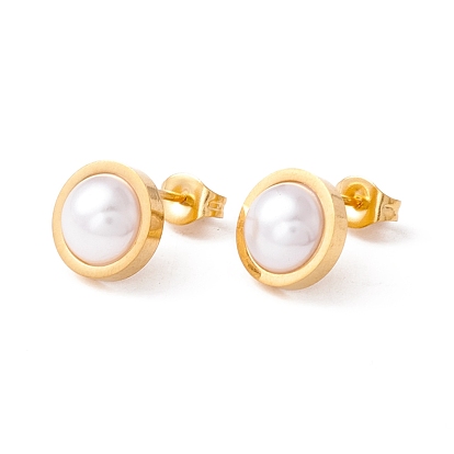 6 Pair Shell Pearl Half Round Stud Earrings, 304 Stainless Steel Post Earrings for Women, White