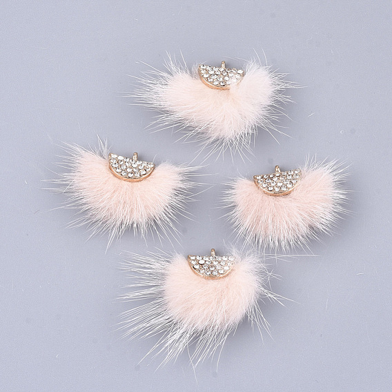 Faux Mink Fur Tassel Pendant Decorations, with Rhinestone and Alloy Findings, Fan, Golden