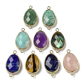 Natural Mixed Gemstone Connector Charms, Faceted Teardrop Charms with Light Gold Tone Brass Edge