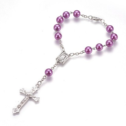 Glass Imitation Pearl Rosary Bead Bracelaets for Easter, with Alloy Crucifix Cross Pendants and Iron Chains