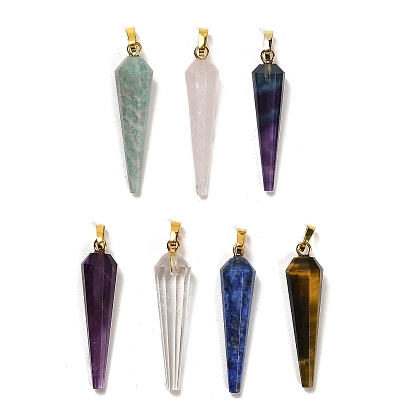 Natural Gemstone Pointed Pendants, Faceted Cone Rock Crystal Charms with Barss Snap on Bails
