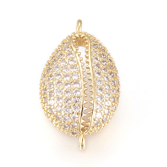 Brass Micro Pave Cubic Zirconia Links, Long-Lasting Plated, Lead Free & Cadmium Free & Nickel Free, Cowrie Shell, Clear