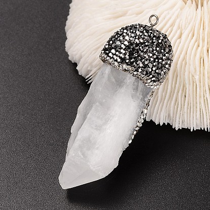 Nuggets cristal druzy naturelle grands pendentifs, avec des perles de tourmaline, strass argile polymère et les accessoires de laiton de tonalité de platine, 40~69x11~19mm, Trou: 2mm