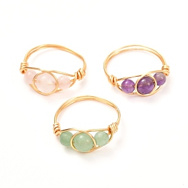 Copper Wire Wrapped Natural Gemstone Braided Bead Rings for Women, Real 18K Gold Plated