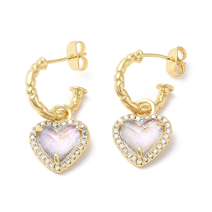 Boucles d'oreilles pendantes en forme de cœur en verre avec zircone cubique, bijoux en laiton plaqué or véritable 18k pour femmes