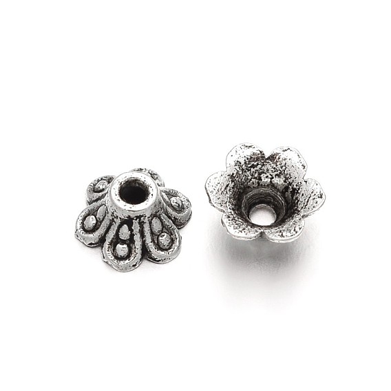 6 tapas de cuentas de filigrana de campana de aleación de estilo tibetano de flor de pétalo, 6.5x3.5 mm, agujero: 1 mm
