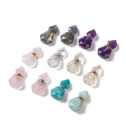 Hexagon Natural Gemstone Perfume Bottle Pendants, with 304 Stainless Steel Findings, Faceted