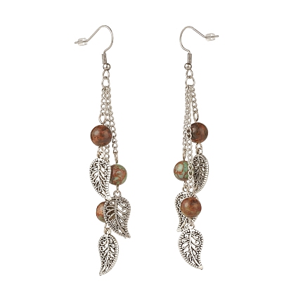 Natural Gemstone Bead Dangle Earrings, Leaf Alloy Chandelier Earrings
