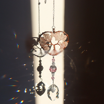 Big Pendant Decorations, Hanging Sun Catchers, with Gemstone Beads and K9 Crystal Glass, Heart with Tree of Life