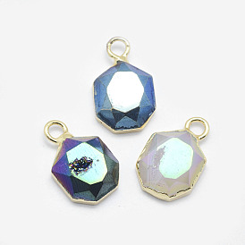 Electroplate Natural Druzy Agate Pendants, with Brass Findings, Faceted, Heptagon, Golden