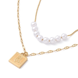 Perle en plastique et carré avec pendentifs roses collier double couche, placage ionique (ip) 304 bijoux en acier inoxydable pour femmes