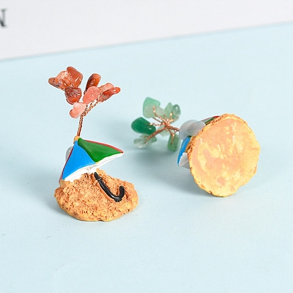Decoraciones de visualización de resina, adorno de feng shui de piedra de energía reiki, con árbol de piedras preciosas naturales y alambre de cobre, sombrilla en la playa