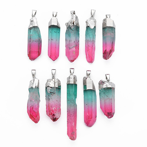 Pendentifs à facettes en cristal quartz naturel, avec les accessoires en fer, platinée, nuggets, teint