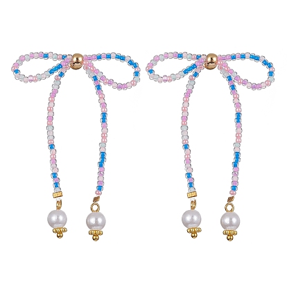 Seed Beaded Bowknot Dangle Stud Earrings with ABS Plastic Pearl Beaded, Brass Earrings
