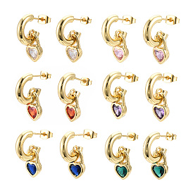 Cubic Zirconia Heart Padlock Dangle Stud Earrings, Real 18K Gold Plated Brass Half Hoop Earrings for Women, Nickel Free