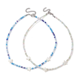 2 pcs 2 ensemble de colliers en perles de verre coloré et d'étoiles en coquillage naturel, avec des agrafes en alliage de zinc