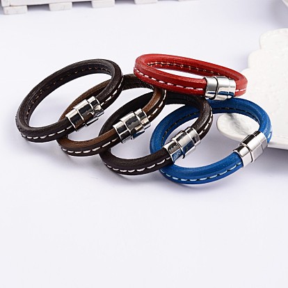 Bracelets de cordon en cuir de style simple, avec 304 fermoirs magnétiques en acier inoxydable, 210x11x6mm