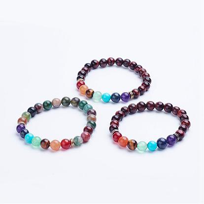 Natural Gemstone Beaded Stretch Bracelets, with Alloy Spacer Beads